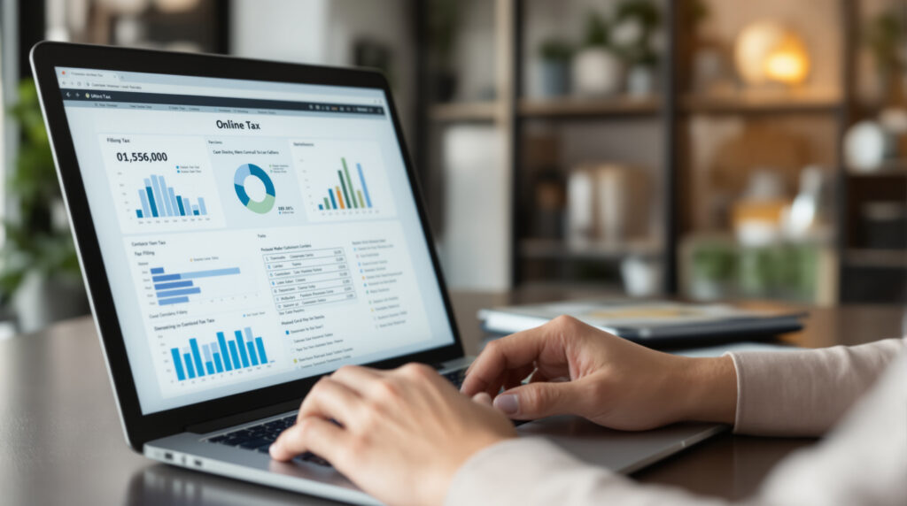 A person analyzes business tax deductions on a laptop, which displays an "Online Tax" dashboard with financial charts and data.