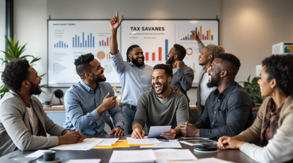 A diverse team of professionals in a modern office celebrating their success in front of a whiteboard that reads "Tax Savanes," symbolizing the benefits of small business tax cuts.