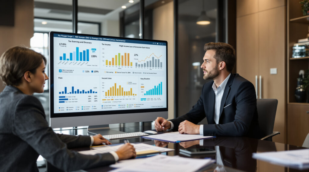Two financial advisors analyzing tax strategies for high-income earners on a large monitor displaying charts on tax savings, income levels, and tax brackets.