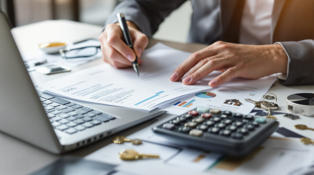 A real estate investor calculates rental property tax strategies at a desk with a laptop, financial charts, a calculator, and keys to a property.