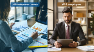 A split-screen image comparing a 1099 independent contractor reviewing financial documents on the left and a W-2 employee in a business suit using a tablet on the right.