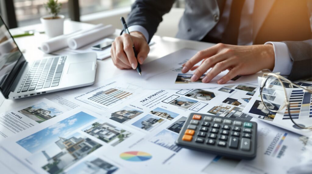 A real estate investor at a desk reviewing property photos and tax strategy documents with a calculator and laptop.