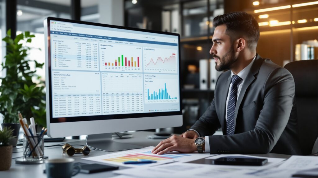 A high-income professional in a suit analyzing complex financial data and tax planning strategies on a large computer monitor.