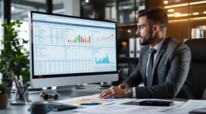 A high-income professional in a suit analyzing complex financial data and tax planning strategies on a large computer monitor.