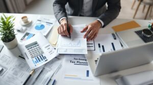 A self-employed person at a desk analyzing financial charts and tax planning documents with a laptop and calculator.