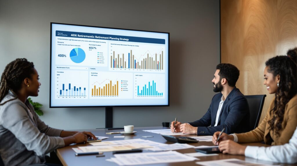 A tax and financial advisor presenting a 401k retirement planning strategy to a group of clients in a meeting.