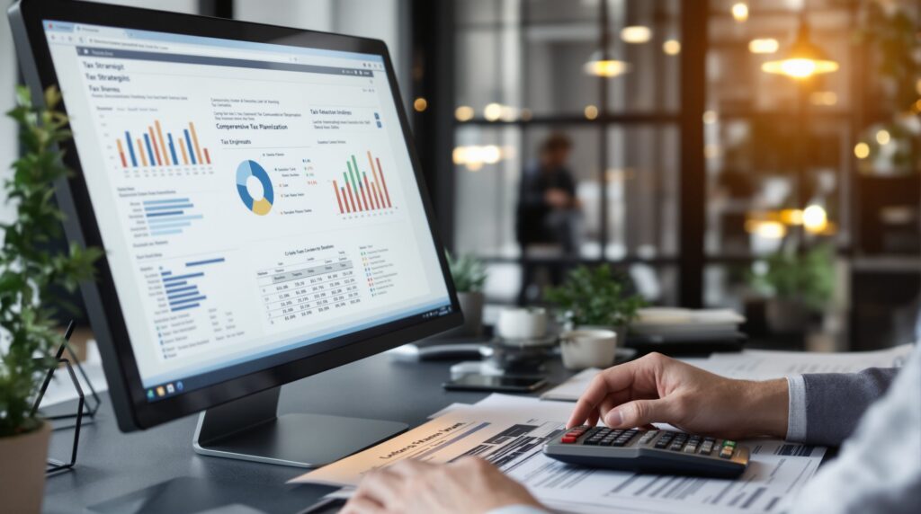 A person at a desk using a calculator while reviewing tax strategies and financial charts on a computer screen.