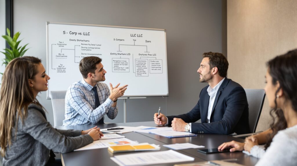 A business advisor in a meeting explaining the differences between an S-Corp and an LLC on a whiteboard to a group of professionals.