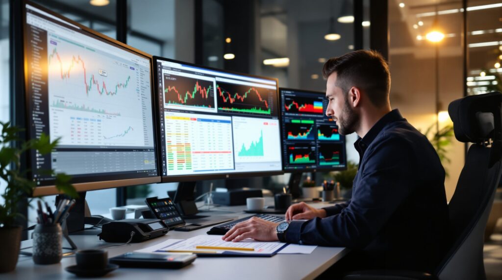 A cryptocurrency trader at a desk with multiple monitors displaying financial charts and data for crypto tax planning.