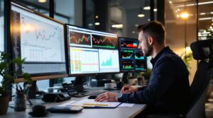 A cryptocurrency trader at a desk with multiple monitors displaying financial charts and data for crypto tax planning.