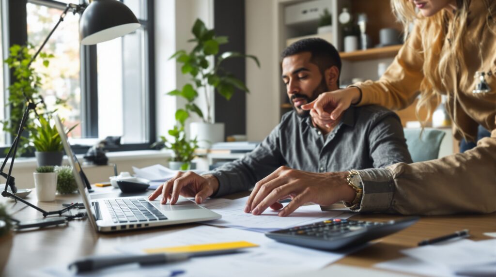 Two self-employed people working together at a desk, reviewing tax credit information on a laptop.