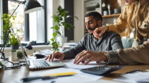 Two self-employed people working together at a desk, reviewing tax credit information on a laptop.
