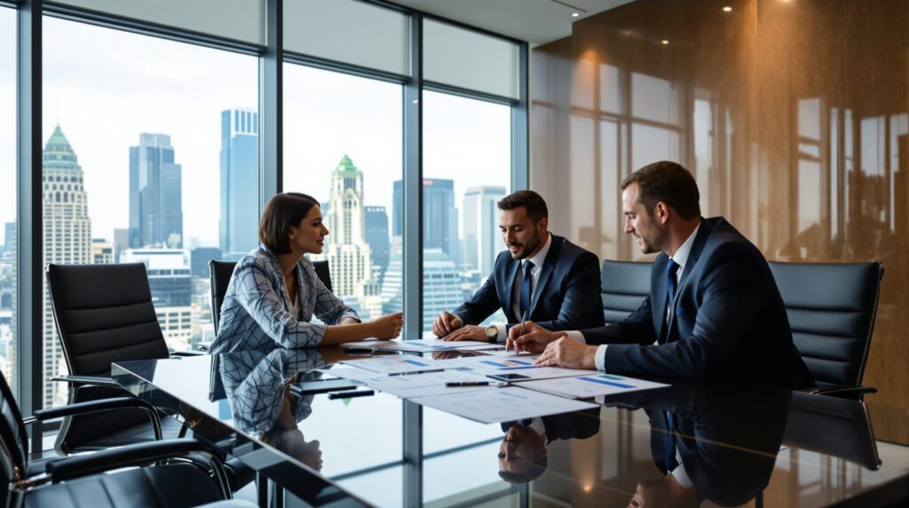 A team of financial advisors for high-net-worth individuals discussing advanced tax planning strategies in a corporate boardroom.